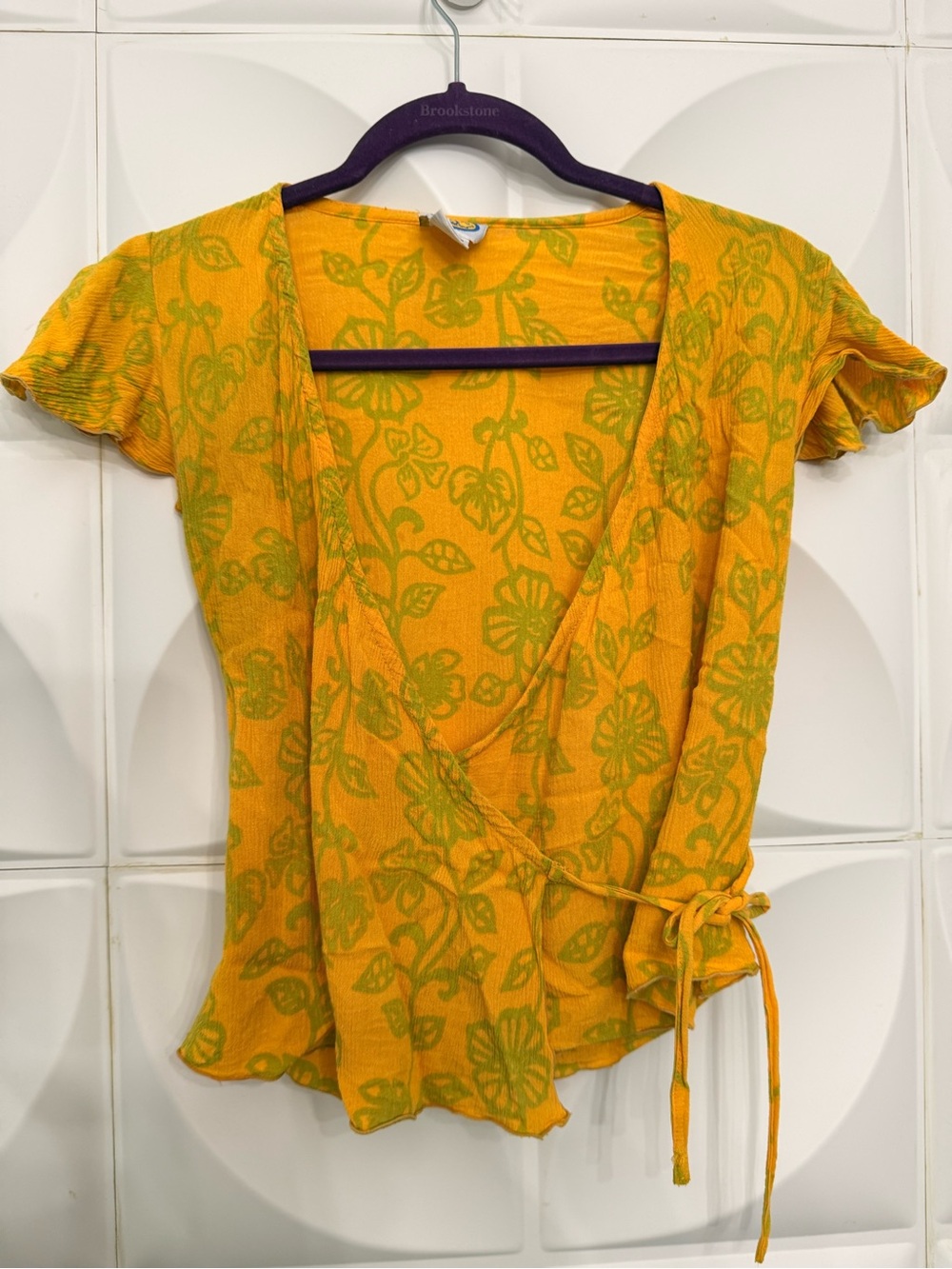Women's Yellow Floral Wrap Blouse with Side Tie